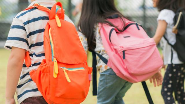 Three pupils of primary school go hand in hand. Boy and girl with school bags behind the back. Beginning of school lessons. Warm day of fall. Back to school. Little first graders.